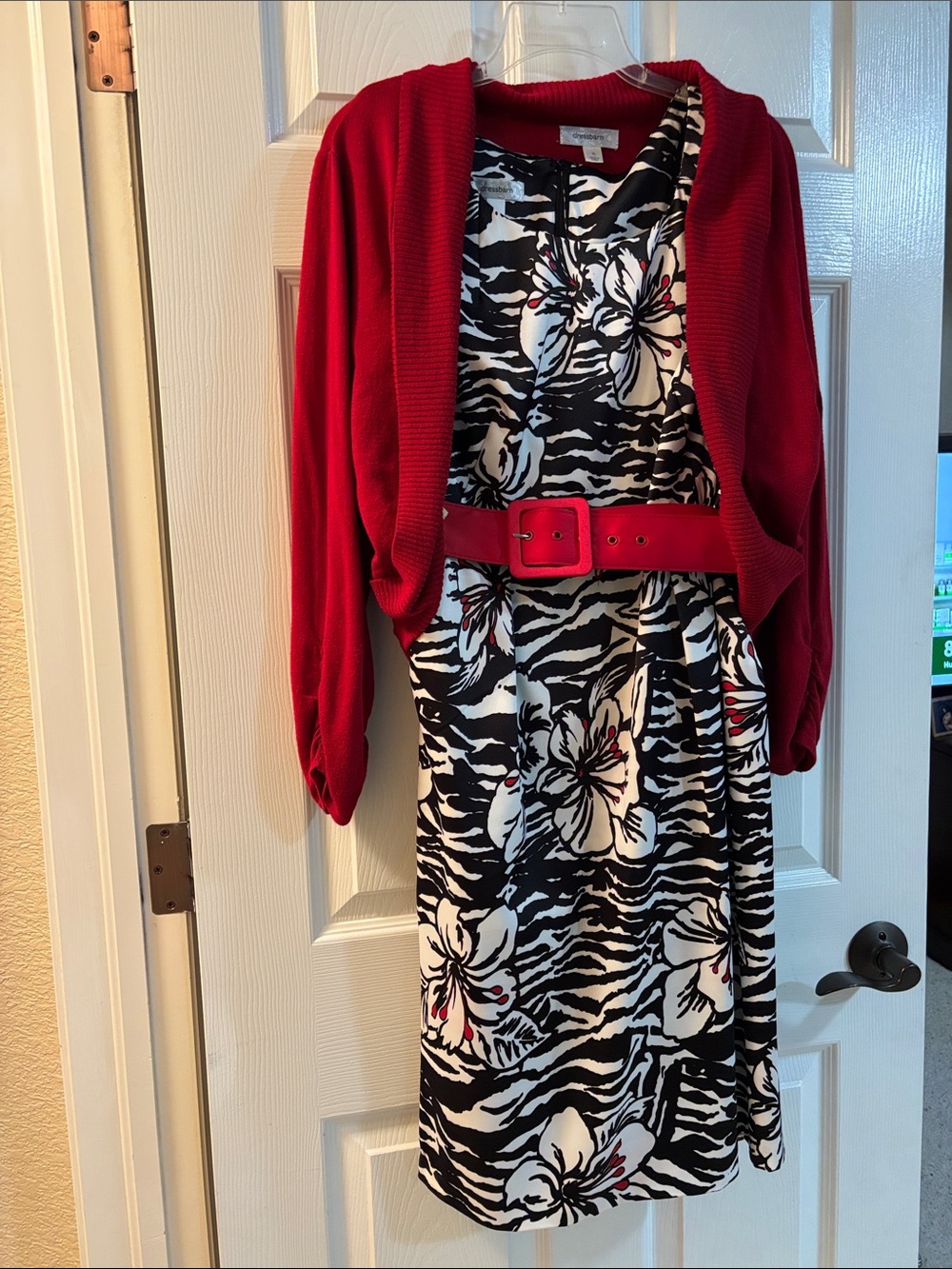 dressbarn Black and White Floral Zebra-Print A-Line Skirt with Red Belt